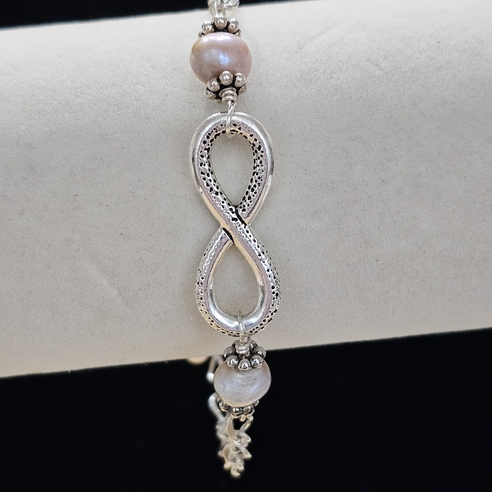 Pearl and 925 Silver Figaro Chain Bracelet Vintage - Picture 4 of 13